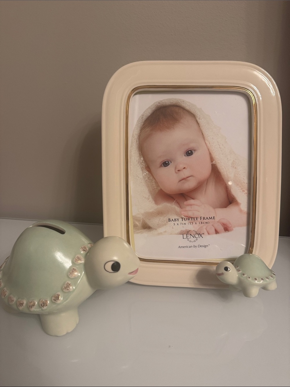 Lenox Baby Green Turtle Piggy Bank and 5x7 in Photo Frame Set